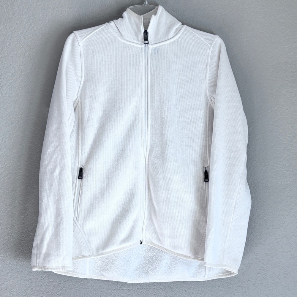 Andrew Marc Ivory full zip up hooded fleece jacket with zipper pockets in size M
